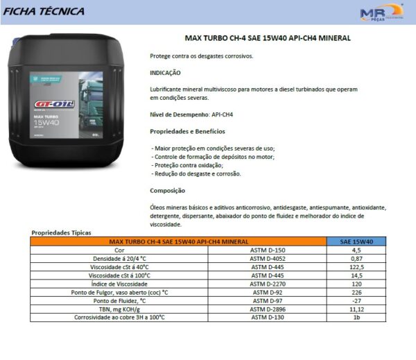 BALDE OLEO GT-OIL 15W40 CI4 MULTI TURBO DIESEL 20L - Imagem 2